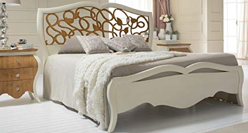 Dafne Italian Design Cama de matrimonio perforada color marfil, decoración de hojas de madera clara, 133 x 205 x 185 cm, para somier de 160 x 190 cm, cabecero y pie de cama de nogal