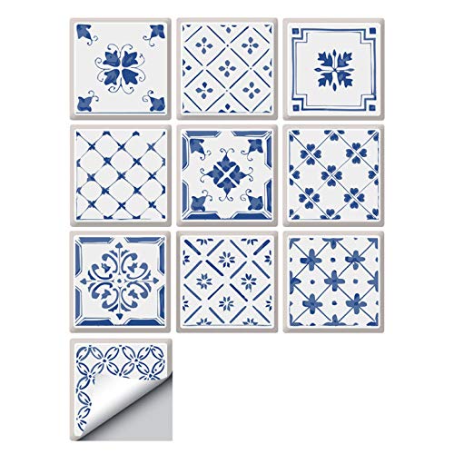 decalmile 10 Piezas Pegatinas de Azulejos 15x15cm Azul y Blanco Adhesivo Decorativo para Azulejos Cocina Baño Decoración