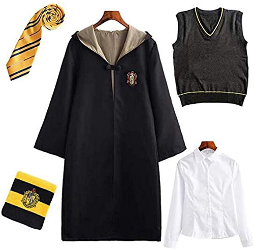 Deciduous Traje Cosplay Harry Hufflepuff niños Unisex del Cabo Camisa del Lazo del Chaleco Uniforme Bufanda Niños Niñas Escuela de Carnaval de Halloween Vestido fijaron el Equipo,Girl,155