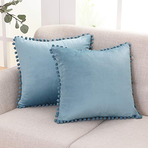 Deconovo Fundas de Cojines Almohadas Terciopelo Suave Decorativa Hogar con Pelota para Sofás Dormitorio Pack de 2 45 x 45 cm Azul Gris