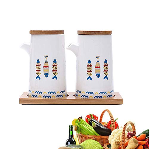 Dispensador de Botellas de Vinagre y Aceite de Mesa de Porcelana, Contenedor de Aceite Cocina Vertedor a Prueba de Fugas Juego de Vinagreras de Salsa a Prueba de Polvo con Bandeja,White-2x260ML