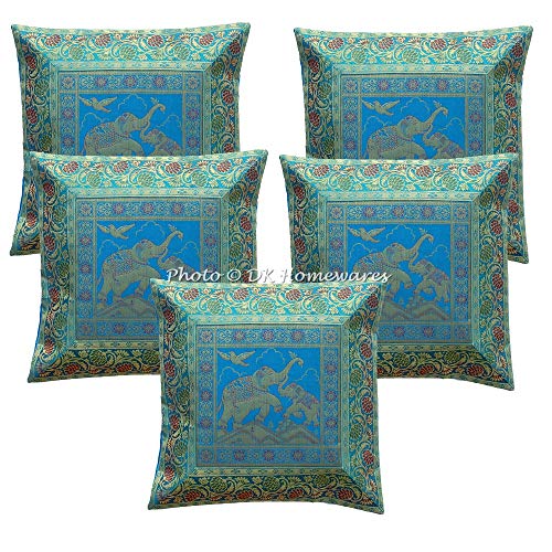 DK Homewares Indio 16x16 Bordado Turquesa  Funda De Almohada Jacquard Brocado Floral Decoración del Dormitorio Elefante Cuadrado Fundas De Cojines (40 x 40 cm ; Turquesa)  -Conjunto de 5 Piezas