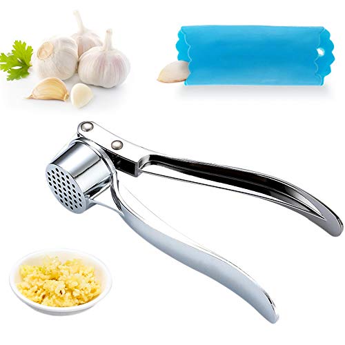 DMFSHI Prensa de Ajo, Jengibre Press, 1 PCS Trituradora de Ajo de Acero Inoxidable y 1 PCS Pelador de Ajo de Silicona, Para Home Chef, Fácil de Usar, Limpio y Altamente Duradero (Astilla, Azul)