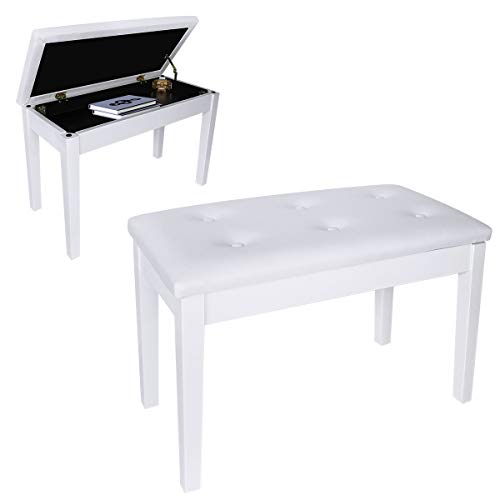 DoubleBlack Banco Piano para 2 Personas Banqueta Piano Taburete para Teclado Pies Madera Maciza con Contenedores Blanco