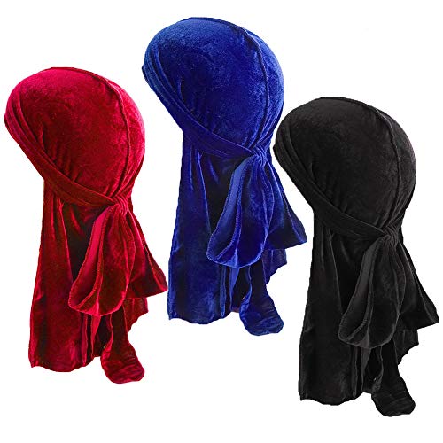 Durag Gorro,Sombrero musulmán,3 Piezas de Terciopelo Durag Gorro Cola Larga Dos Tonos de Gorro de Pirata de Cola Larga para Hombres Mujeres Mujer Slouch Beanie Hat para Deporte