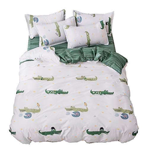 ED-Lumos Funda nórdica Juego de Ropa de Cama ４ Piezas Cama 105cm Funda de edredón 180x220cm Sábana encimera 230x230cm Funda de Almohada 48x74cm Poliéster Blanco con Crocodilla