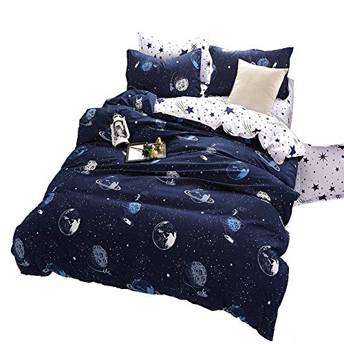 ED-Lumos Juego de Ropa de Cama ４Piezas para Cama 105cm Funda de edredón 180x220cm Sábana 230x230cm Funda de Almohada 48x74cm Poliéster Color Azul Oscuro Forma Galaxia