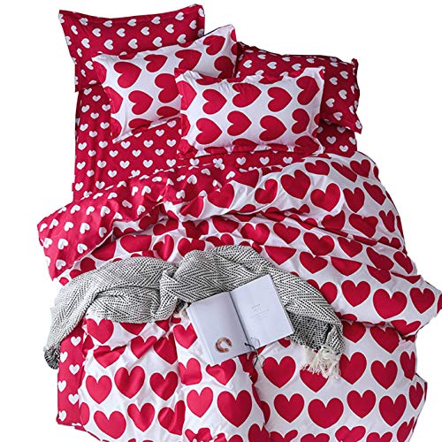 ED-Lumos Juego de Ropa de Cama ４Piezas para Cama 105cm Funda de edredón 180x220cm Sábana 230x230cm Funda de Almohada 48x74cm Poliéster Color Rojo y Blanco con Corazón