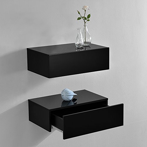 [en.casa] Set de 2 Mesitas de Noche de Pared con cajón - Lacado Brillo Negro - 46x30x15cm