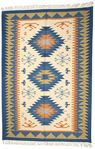 Exotic India Telar de mano multicolor Dhurrie de Sitapur con tejido Kilim, lana pura