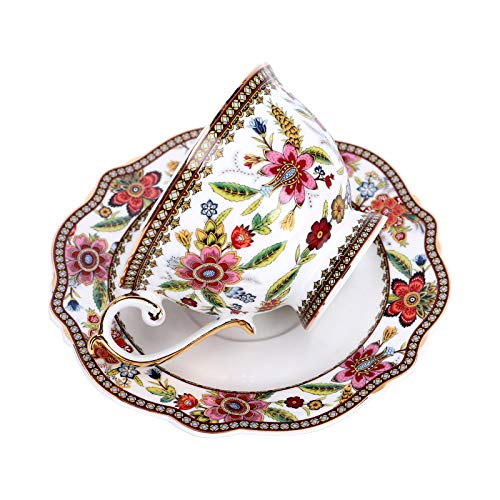 fanquare Vintage Taza de Té de Flores Rojas China de Hueso, Juego de Taza de Café y Platillo de Porcelana, 200ml