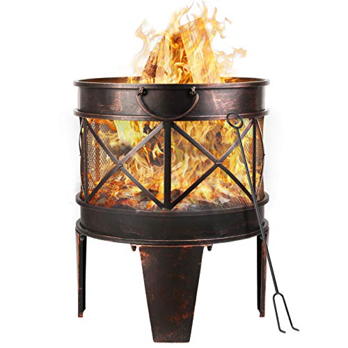 Femor Brasero Ø42cm con Asas, Brasero de Metal en Óptica de Óxido Antiguo, Chimenea de Jartín, Portátil y Fácil de Mover, 58x45x42cm