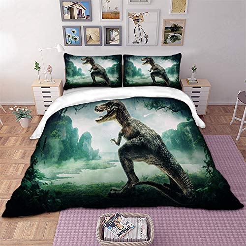 Funda de edredón Dinosaurio, Juego de cama para Niños Chico Chica, jurásico Mar profundo Dinosaurio Depredando Tiburón Paisaje Ropa de cama 3D Multicolor (Estilo 1, 180x220 cm - Cama 90/105 cm)