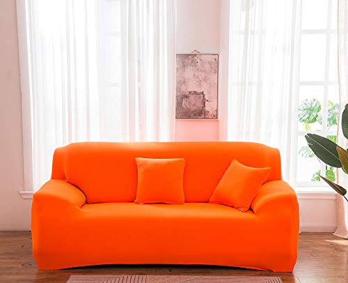 Funda Elástica de Sofá Cubre Antideslizante/Protector Ajustables de Sofá, Decorativas Fundas Color sólido Naranja para Sofas, con Cuerda de Fijación (3 Plazas:175-220cm) +2 Fundas de Almohada