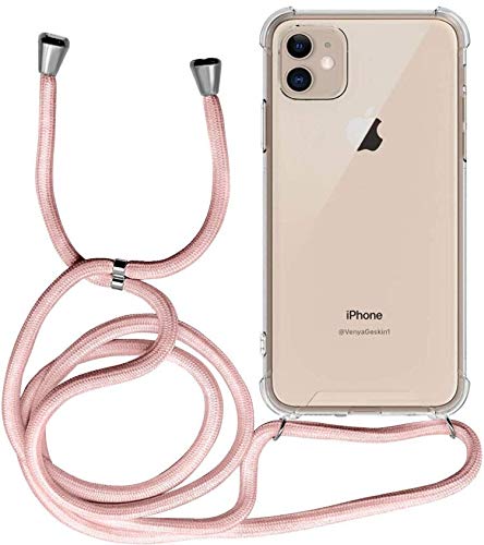 Funda para iPhone 11, Transparente Silicona Carcasa con Cuerda para Apple iPhone 11, Suave TPU Case con Cuerda para Colgar Ajustable Anti Golpes Protector Case - Rosa de Oro