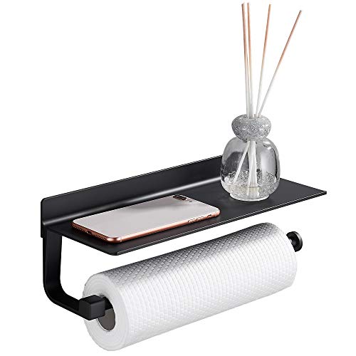 GERUIKE Portarrollos De Cocina con Estante Portarrollos de Papel de Cocina con Estante Adhesivo Portarrollos de Papel higiénico Aluminio Inoxidable Montaje en Pared sin Taladro Negro