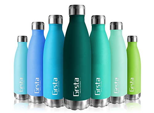 Grsta Botella de Agua, Botella Agua Acero Inoxidable sin BPA Pared 500ml/Musgo Verde Botellas de Frío/Caliente Termo Botellas Termica Prueba de Fugas para Niños, Adultos, Deporte, Yoga, Ciclismo