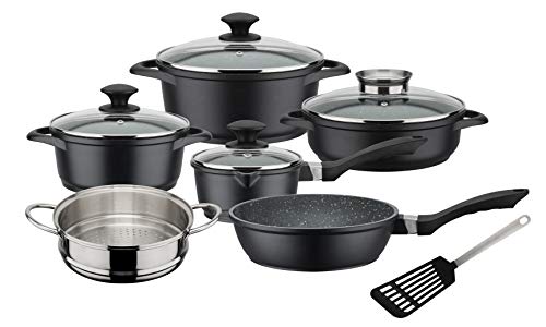 GSW 414562 Gourmet Granit - Batería de cocina (10 piezas, aluminio, vidrio, plástico, acero inoxidable), color negro