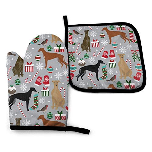 Guantes de Cocina y Juego de Mantel Individual Galgo Perros Perro de Navidad Lindo Perro de Navidadcon Silicona Antideslizantes para Cocinar, Asar(Juego de 2 piezas)