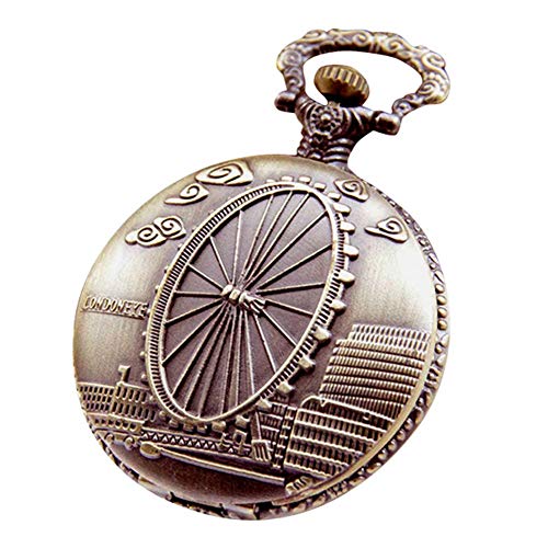 HAI RONG Ferris Wheel Pocket Watch Grabado Retro Bronce Flip Quartz Reloj de Bolsillo con Cadena Hombres y Mujeres Reloj de Bolsillo Collar