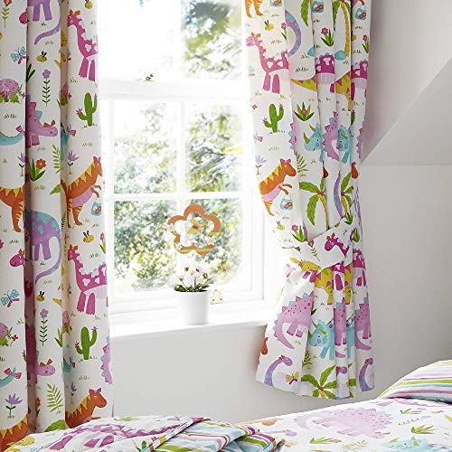 Happy Linen Company Set de Cortinas Infantiles de galón Fruncido - Estampado de Dinosaurios Rosas sobre Blanco - Blanco - 168 x 183 cm