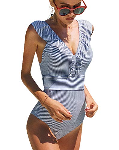 heekpek Traje De Baño Mujer Una Pieza Moda Monokini Push Up Brasileño Rayas Floral Impresión Baño Bañador Traje Bikini Bañadores De Mujer Tallas Grandes Ropa de Baño Cuello en V