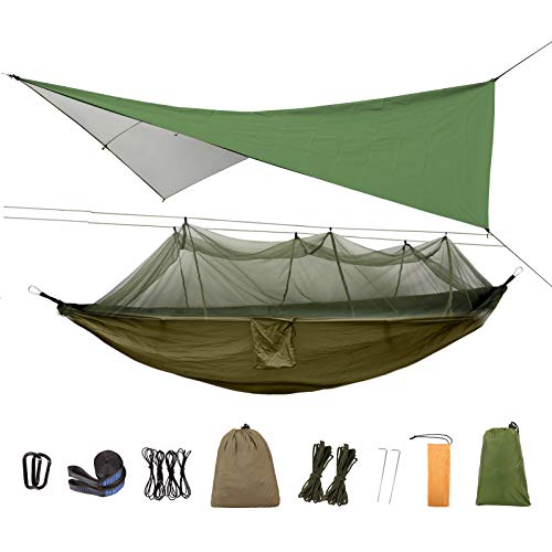 Herefun Hamaca con Mosquitera y Toldo Camping, Hamaca para Acampar, Hamaca Jardín Exterior 200kg de Capacidad de Carga, Nylon de Paracaida Ligera Portatil para Camping Viaje Patio, 260x140cm