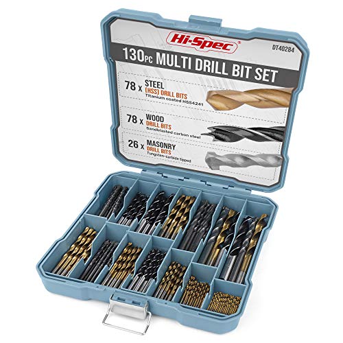 Hi-Spec Kit de 130 Brocas y Puntas Métricas de Taladro. Bañadas en Titanio para Metales y Plásticos, Acero Carbono para Madera y de punta de Carbido para Mampostería.