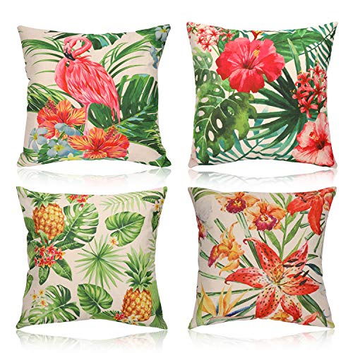 HOWAF 4 Tropical Algodón Lino Cojines Almohadas Fundas de Decorativo para Sofás Cama Taburetes Sillones Salón Auto Decoraciones Accesorios, 45x45cm, Hawaiana Flor Palma Hoja Piña Flamenco