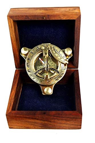 India .nautical .handicraft - Brújula de reloj de sol (latón con caja de madera)