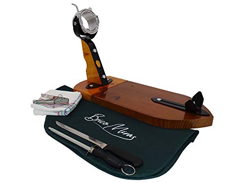 JAMONERO Modelo Bellota Giratorio Madera/METÁLICA, Regalo Pinza Arcos Acero Inoxidable + Cuchillo + CHAIRA + CUBREJAMÓN + PAÑO, Soporte JAMONERO Uso DOMÉSTICO Y Profesional (Cubrejamón Verde)