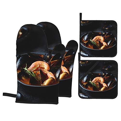 Juego de 4 Guantes y Porta ollas para Horno Resistentes al Calor Bouillabaisse Tomate Sopa De Pescado Gambas Mejillones para Hornear en la Cocina,microondas,Barbacoa