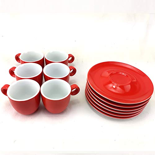 Juego de 6 Tazas para Espresso de Porcelana con Platos, Capacidad 60ml, Color Rojo, ideal para café solo.