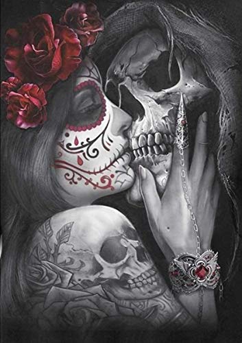 KAMIERFA Kit de Pintura de Diamante 5D DIY Diamond Painting Redondos Completos Rhinestone Picture Bordado Mosaico Pinturas Mujer besando calavera 30x40cm