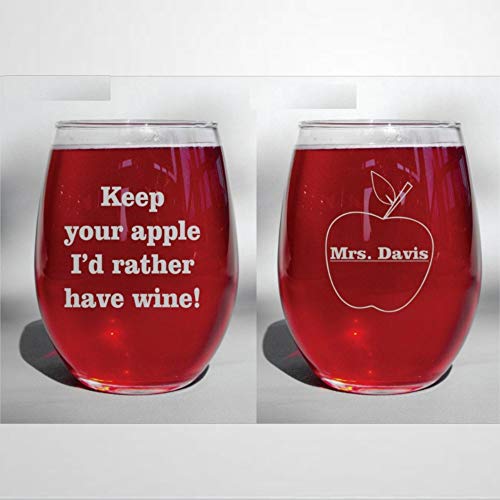 Keep Your Apple, I d Rather Have Wine Stemless copas de vino con nombre personalizado grabado taza de vino elegante vaso de bebidas divertido vaso de whisky, anfitrión o regalo de mordaza para ella