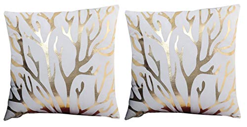 KIRALOVE Dos Fundas de cojín para sofá de 40x40 cm - Dormitorio - Decorativa Cuadrada - Ciervo - Color Blanco - Cama - hogar - - fantasía - Ramas - Cuernos - Renos - Estampado Dorado - árbol - Alce