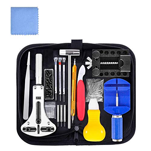 Kit Reparacion Relojes, Qfun Kit Relojero 148pcs con Herramientas de Reloj Barra de Resorte Profesional, Herramientas Relojero de Pasador de Enlace de Banda de Reloj con Estuche, Varios Accesorios