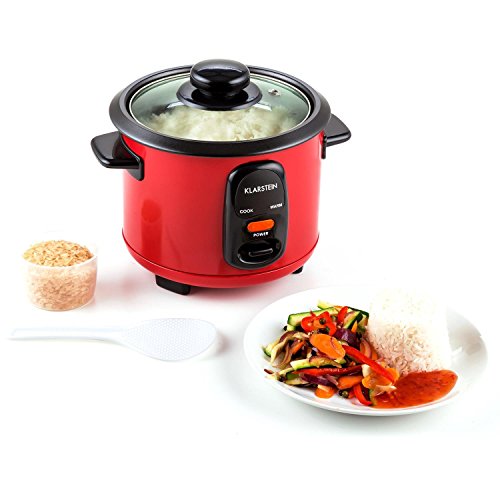 Klarstein Osaka olla arrocera (300 W, 0,6 L, antiadherente, apagado automático con función de mantenimiento en calor, tapa de vidrio, incluye cucharón y vaso medidor de arroz) - rojo