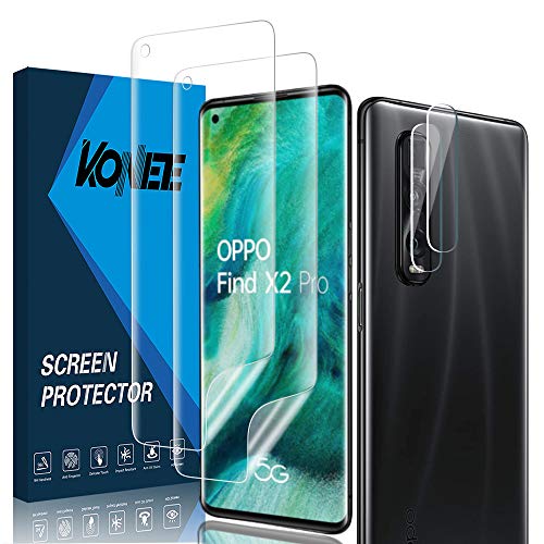 KONEE 【2 + 2 Piezas】Protector de Pantalla Compatible con OPPO Find X2 Pro + Protectores de Lentes de Cámara de Cristal Templado, TPU Película Protectora Suave para OPPO Find X2 Pro