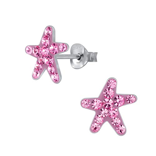 Laimons Pendientes de niña con estrella de mar brillante, color rosa, 10 mm, de plata de ley 925