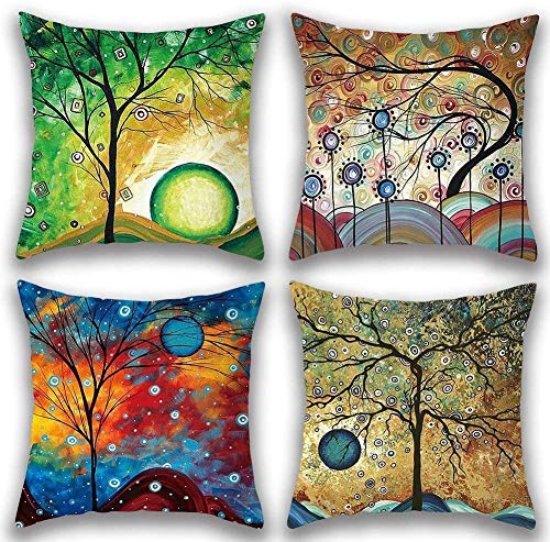 LAXEUYO Juego de 4 Cojin Fundas 45x45 cm, Árbol de Fantasía Algodón Lino Decorativa Hogar Almohadas Fundas para Sofá Cama Decoración para Hogar