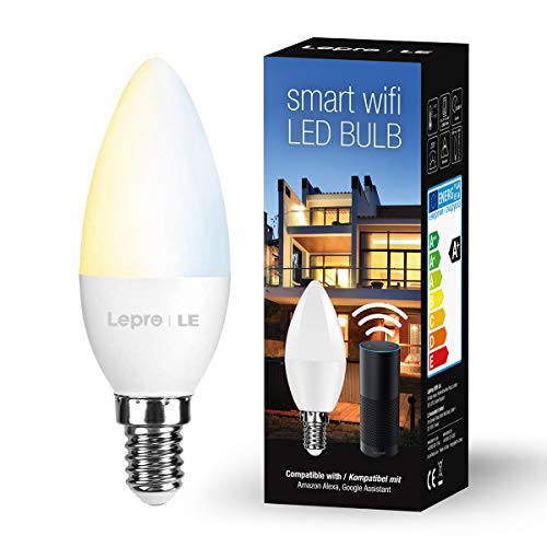 LE Bombilla Inteligente E14, Bombiilla WiFi 380 LM Blanco Ajustable 2700K-6500K, Funciona con Alexa y Google Home, Bombilla Vela 4.5W = 40W, Smart Bulb Control de Voz para Familia (Paquete de 1)