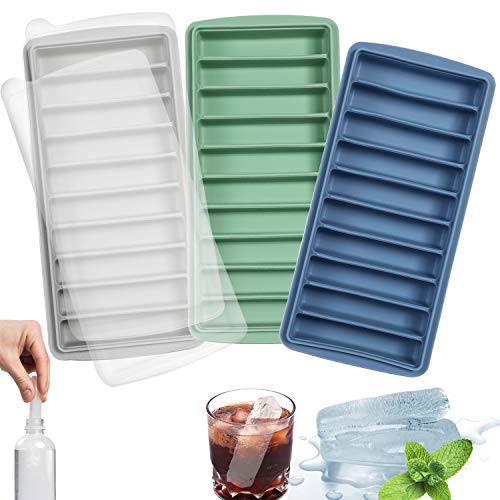 LessMo stick bandeja del cubo de hielo, de silicona, con tapa, ideal para los deportes y las botellas de agua, 10 cavidades (conjunto de 3, multicolor)