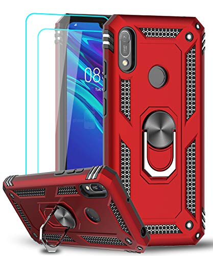 LeYi Funda Huawei Honor 8A / Y6 2019 con [2-Unidades] Cristal Vidrio Templado,Armor Carcasa con 360 Grados Anillo iman Soporte Hard PC y Silicona TPU Bumper Antigolpes Case para Movil Y6 2019,Rojo