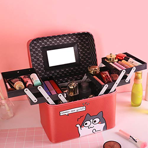 LITAO Caja de Almacenamiento portátil Cuatro Bolsas de Maquillaje Abierto Anime niña de Dibujos Animados corazón Gran Capacidad Caja portátil Cuadrada multifunción, Vino Rojo Gris Gato