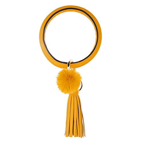 Llavero bohemio de piel sintética con colgante de bulbo de moda para mujer, diseño de círculo, con borla, para mujer (color: amarillo)