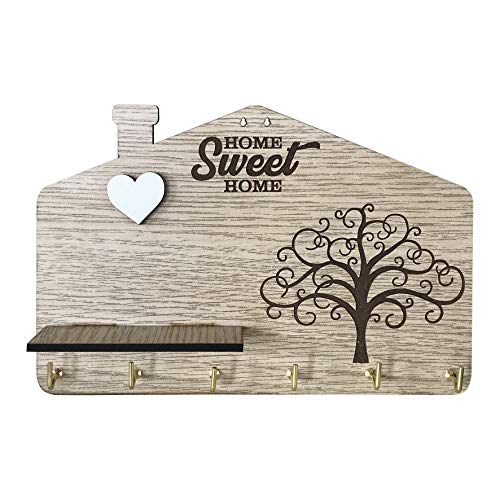 Llavero de pared de madera MDF con texto "Home Sweet Home" grabado árbol de la vida y corazón en relieve blanco con estante, colgador de llaves de pared, 6 ganchos, color madera