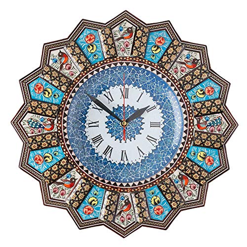 LPUK Reloj de pared de lujo Khatam, colección 1, reloj de sol, hecho a mano, con forma de sol, flores y pájaros, con incrustaciones de madera, diámetro de 32 cm