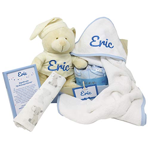 Mabybox Caricias, regalo original para bebé con capa de baño, toalla de recién nacido y oso de peluche personalizado con el nombre del bebé… (Azul)