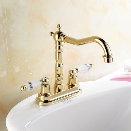 Maifeini Grifo Del Baño Dorado Cuenca Doble Empuñadura De Latón Grifo Mezclador Caliente Y Fría Vanidad Faucet St, Latón, Amarillo